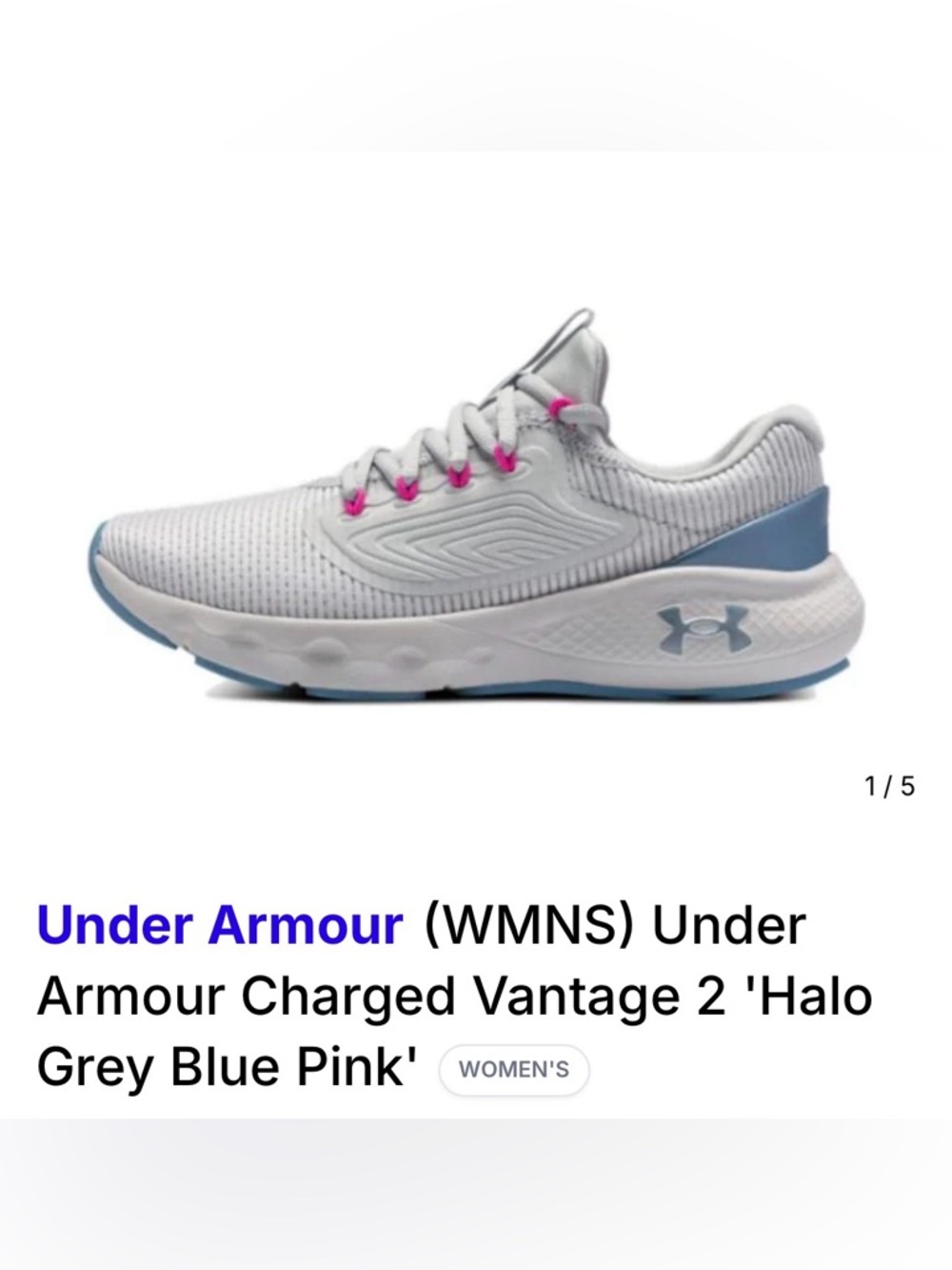 Under Armour Women's Charged Vantage 2 Running Shoe - Halo Grey/Blue/Pink
